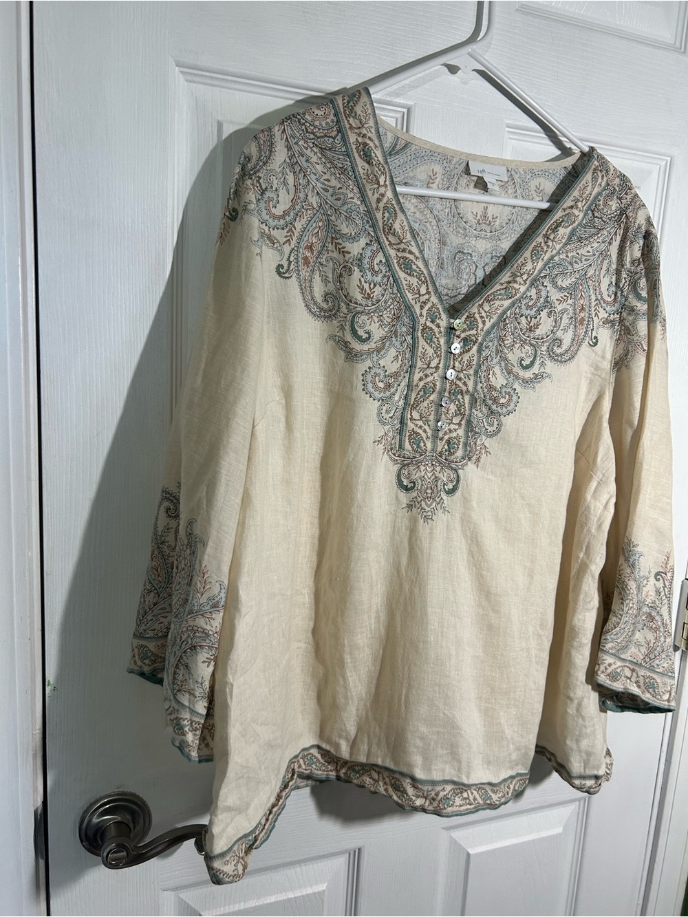 J. Jill Love Linen paisley buttoned V-neck Size XL Cream tunic 3/4 sleeve - Picture 3 of 13